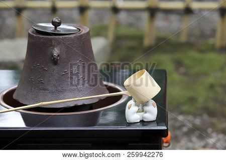 Tea Set For Traditional Japanese Green Tea Ceremony, Iron Pot, Ladle, Outdoors