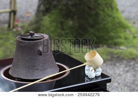 Tea Set For Traditional Japanese Green Tea Ceremony, Iron Pot, Ladle, Outdoors