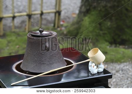 Tea Set For Traditional Japanese Green Tea Ceremony, Iron Pot, Ladle, Outdoors