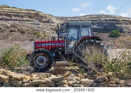 Meadow And Tractor. Agriculture. Travel Photo 2018 September.