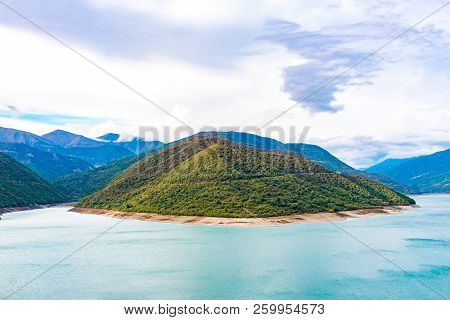 Mountains And Lake, Dam In The Mountains. Zhinvali Water Reservoir. Zhinvali Dam