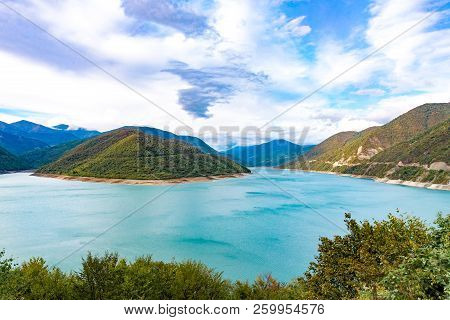 Mountains And Lake, Dam In The Mountains. Zhinvali Water Reservoir. Zhinvali Dam