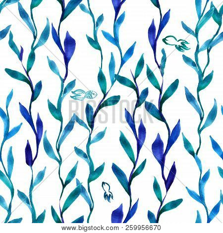 Simlpe Seamless Seaweed Pattern. Abstract Watercolor Free Hand Drawn Illustration For Wrapping, Back
