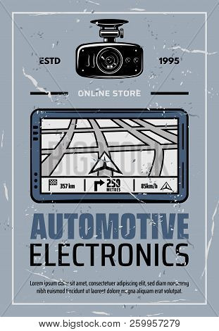 Navigator And Dvr Camera Online Store With Car Electronics Retro Poster. Dvr And Navigation On Scree