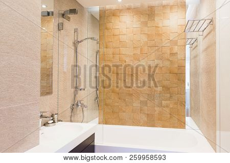 Iterior Guest Bathroom In Warm Tones. Interior, Design, Cleanliness, Hygiene Theme