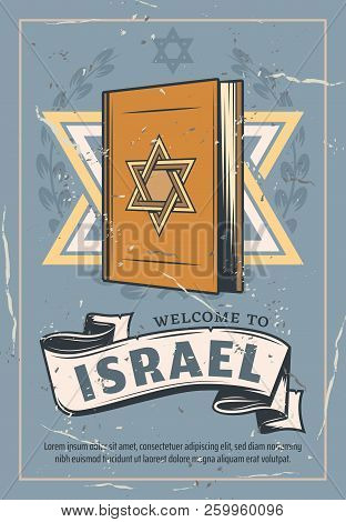 Judaism Symbol, Torah Book. National Torah Textbook And David Star Sign. Brochure Encompasses Religi