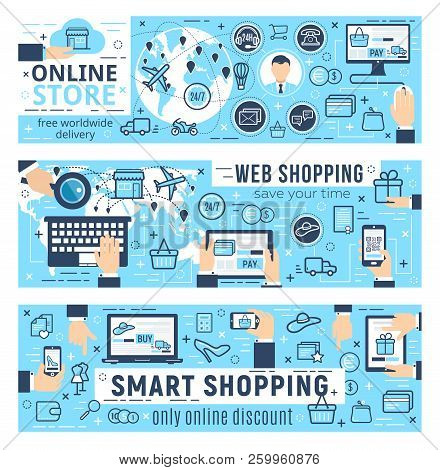 Online Store Web Shopping Vector Infographics. Buying Via Internet, Analytical Statistics Tools. Fre