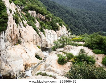Creek Running Down The Cliff In Sacred Taoist Songshan Mountains, Henan Province, China