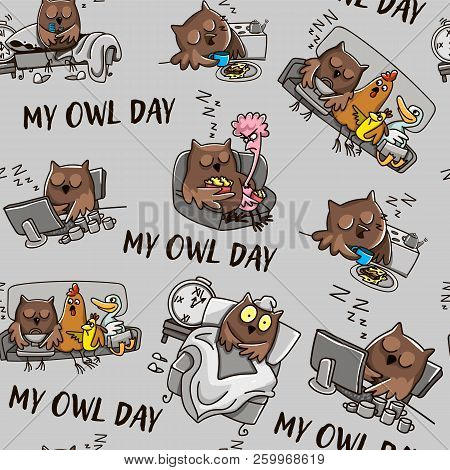 Owl And The Day Of The Owl. Humorous Comics About The Life Of An Owl, Day And Night.