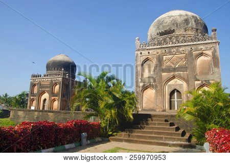 Barber's Tomb On The Left And Tomb Of Khan Jahan On The Right. Barid Shahi Garden, Bidar, Karnataka
