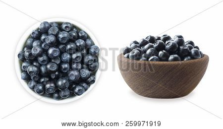 Bilberres In A Bowl Isolated On White. Ripe Blaeberries With Copy Space For Text. Blueberries Basil 