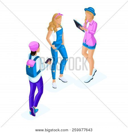 Isometry Girl Girlfriends, Teenagers, Generation Z, Communicate Using Gadgets, Smartphones, Phones, 