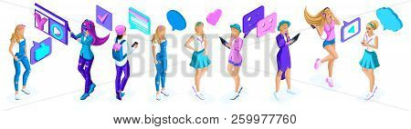 Isometry Big Set Of Adolescent Girls, Generation Z, Communication Icons, Gadgets, Video On The Inter