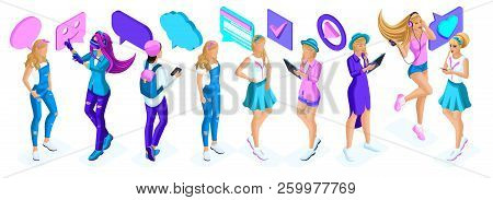 Isometry A Large Set Of Adolescent Girls, Generation Z, Communication Icons, Gadgets, Video On The I