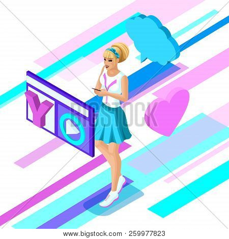 Isometric Teenage Girl Watches Video Files Through Cloud Storage, Joy, Beautiful Hairstyle