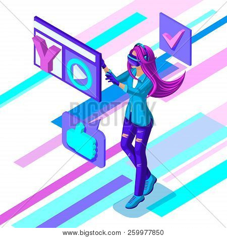 Isometric Girl Teenager Virtual Reality, Watching Videos, Internet, Playing Games.