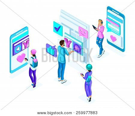 Isometric Teenagers, Use Gadgets, Phones, Generation Z, Colorful Concept Of Social Networking Corres