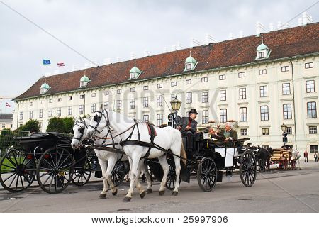 Viena, AUSTRIA - 21 de mayo: Tradicional entrenador (Fiaker) hoy viajan a turistas en 21 de mayo de 2010 en Vien