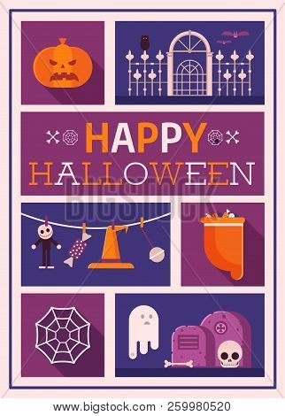 Happy Halloween Card With Ghosts, Tombs, Bats And Pumpkin. Festive Halloween Postcard With Classic S