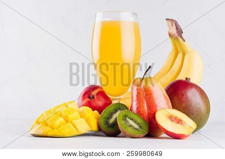 Homemade Healthy Beverage - Multi Fruits Juice Of Red, Yellow, Green, Orange Fruits On Soft Light Wh