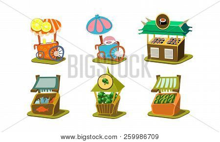 Flat Vector Set Of Stalls With Fresh Fish, Sushi, Broccoli And Watermelons, Carts With Ice-ream And 