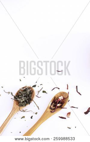 Tea Ceremony Iconcept Wooden Spoon Tea Leaves Wooden Spoon Dried Hibiscus Isolated White Background 