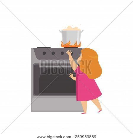 Little Girl Playing In The Kitchen With Hot Saucepan, Kid In Dangerous Situation Vector Illustration