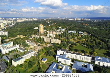 Aerial View Of Kiev Park And Old Famous Exhibition Complex Vdnh. Metropolis Ukraine Capital Panorami