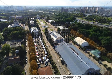 Aerial View Of Kiev Park And Old Famous Exhibition Complex Vdnh. Metropolis Ukraine Capital Panorami