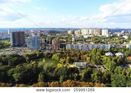 Aerial View Of Kiev Park And Old Famous Exhibition Complex Vdnh. Metropolis Ukraine Capital Panorami