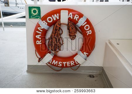 Genoa (genova), Italy June 23, 2017 - The Lifebuoy On Board Of The Greenpeace Raimbow Worrior Boat.
