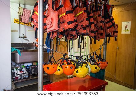 Genoa (genova), Italy June 23, 2017 - Life Jackets And Helmets On Board Of The Greenpeace Raimbow Wo