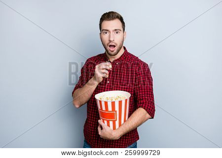 Wow! Portrait Of Scared Frightened Amazed Surprised Handsome Attractive Hipster Voiceless Guy Watchi