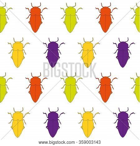Beetles Colorful Seamless Pattern On White. Bright Art Design Elements Stock Vector Illustration For