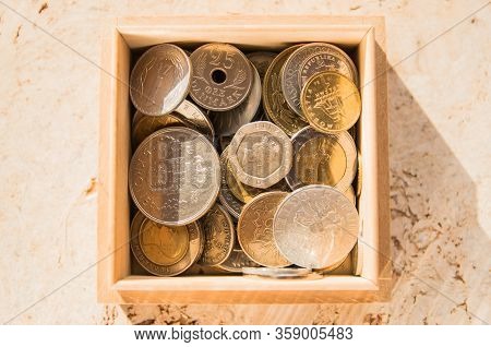Old Golden And Silber Coins In Wood Box. Money From France, Poland, Italy, England, Austria, Czech R