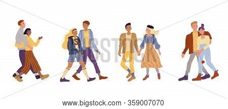 Vector Illustration Of Active Romantic Couples Set. Young Woman And Man Walking Together On Date, Ho