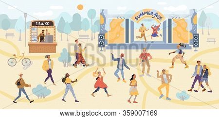 Vector Illustration Of Open Air Summer Festival, Dancing And Walking Crowd Of People. Flat Cartoon C