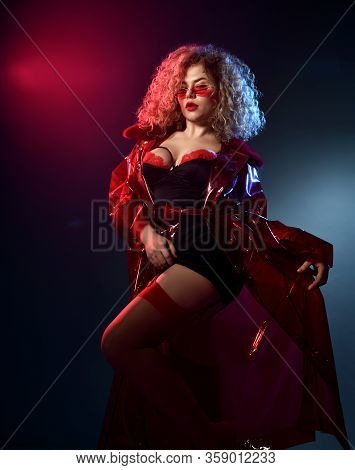Blonde Curly Female In Sunglasses, Red And Black Lace Sexy Lingerie Chemise, Stockings, Transparent 