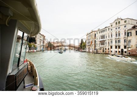 Venice, Italy - May 14, 2019: Grand Canal in Venice, Italy. Academy Bridge. View from Vaporetto.