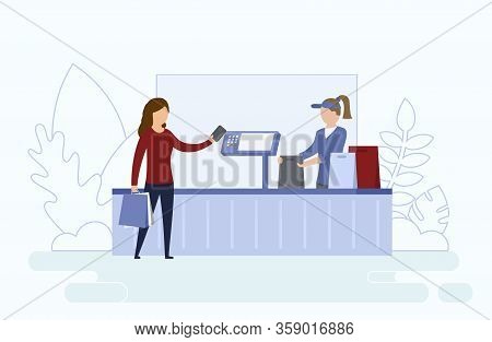 Concept Of Coronavirus, Precautionary Measures Of Virus Infection. Cashier Serve A Customer In Super