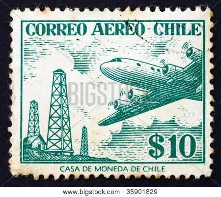 Selo postal Chile 1967 óleo Derricks e Douglas DC-6