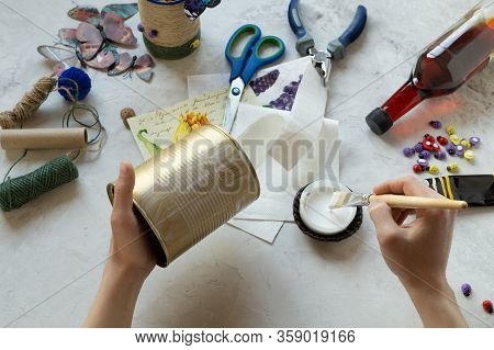 Decorating Tin Cans With Decoupage Napkins, Jute Rope And Using Various Decor Elements. Do It Yourse