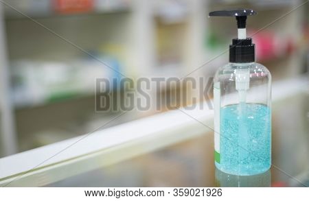 Alcohol Gel Or Hand Sanitizer Pump Bottle For Washing Hand In Hospital Or Public Area. Coronavirus I