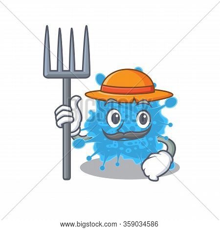 Cartoon Character Design Of Andecovirus As A Farmer With Hat And Pitchfork