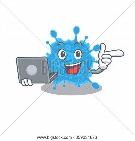 Cartoon Character Of Andecovirus Clever Student Studying With A Laptop