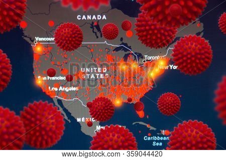 Outbreaks In In The United States Of America, Canada, Mexico. Map With Foci Of Infection Covid-19 Sa