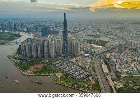 Aerial Cityscape Scenery Of Ho Chi Minh City At Sunset