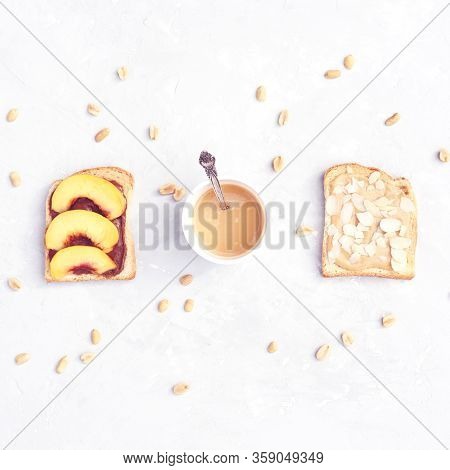 Toast Snack With Peanut Butter, Nectarine And Almonds. Square Photo Format.