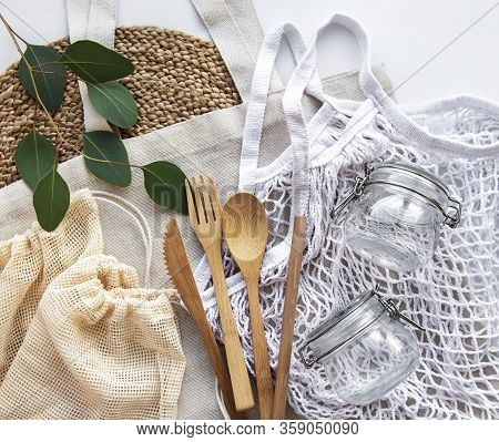 Cotton Bags, Net Bag With Reusable  Glass Jars And Bamboo Cutlery. Zero Waste Concept. Eco Friendly.