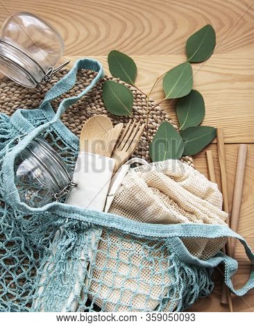 Cotton Bags, Net Bag With Reusable  Glass Jars And Bamboo Cutlery. Zero Waste Concept. Eco Friendly.